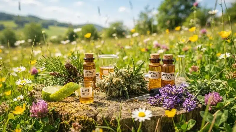 Cannabinoides y terpenos del cannabis con extractos de lima, pino y lavanda.