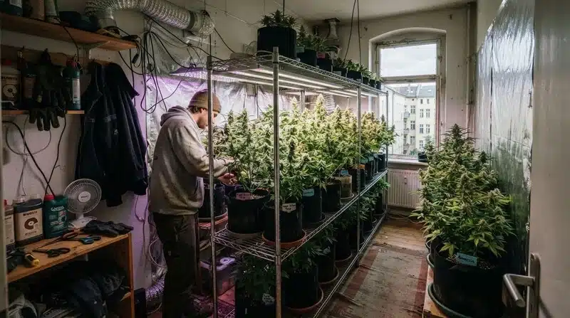 Cultivo de plantas de cannabis en interior, organizadas en macetas sobre estanterías y bajo iluminación artificial.