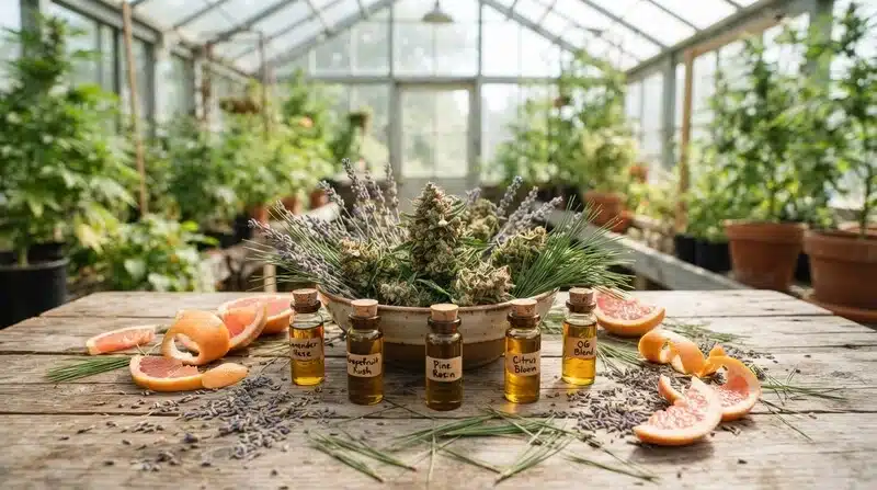 Flores de cannabis acompañadas de pequeños frascos con extractos aromáticos, cítricos, lavanda y pino.