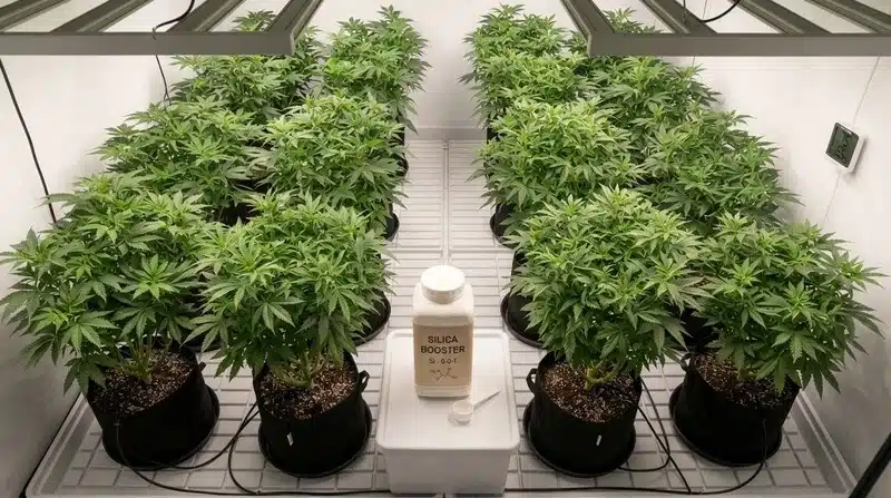 Plantas de cannabis cultivadas bajo iluminación artificial junto a un recipiente etiquetado como suplemento de sílice.