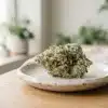 Cogollos CBD sobre plato cerámico junto a frasco de aceite de CBD.