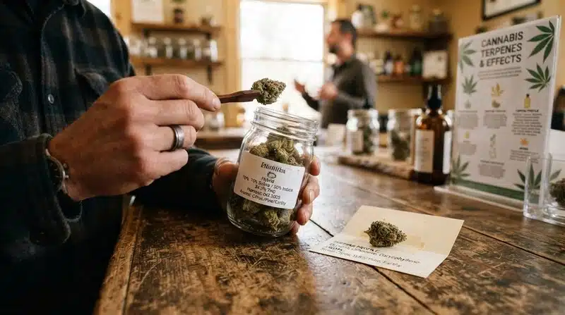 Cogollos secos de cannabis almacenados en un frasco de vidrio mientras se observa una muestra, con material informativo sobre terpenos al fondo.