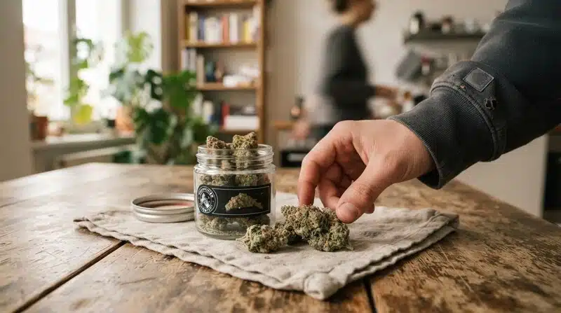 Cogollos secos de cannabis junto a frasco de conservación.