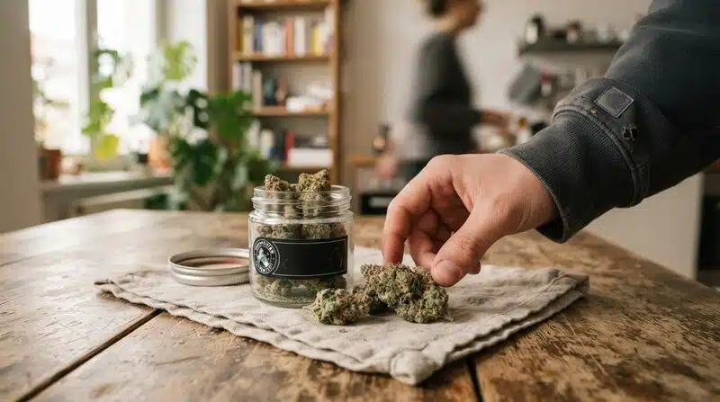 Cogollos secos de cannabis Hektol junto a frasco de conservación.