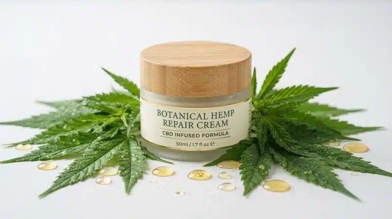 Cosmetica cannabis con crema reparadora de cáñamo y CBD sobre hojas.
