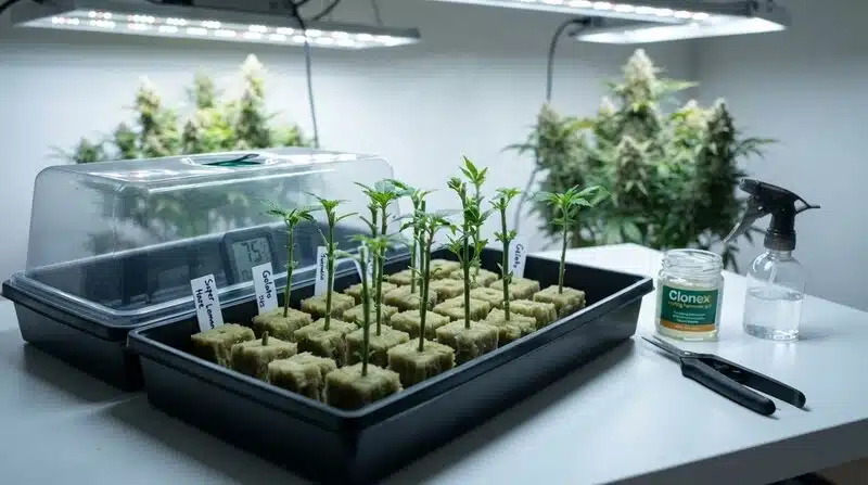 Esquejes de Harlequin CBD (1:18) en bandeja de propagación bajo luz LED.