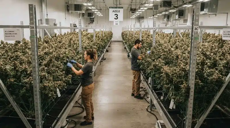 Cultivo profesional de Green Poison en fase de floración, con numerosas plantas desarrolladas en hileras bajo iluminación artificial y operarios realizando tareas de revisión y mantenimiento de las flores.