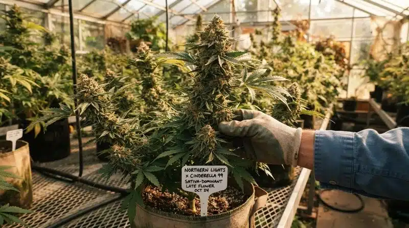 Planta de cannabis en floración en invernadero.