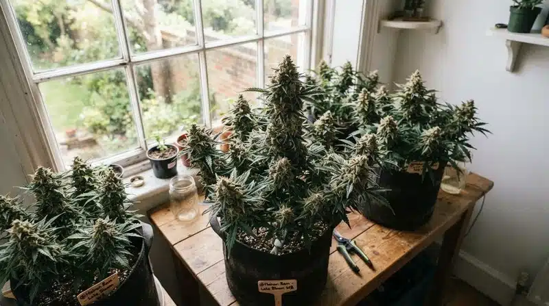 Varias plantas de cannabis cultivadas en macetas, situadas junto a una ventana y en fase avanzada de floración, con cogollos bien formados y abundante resina visible.