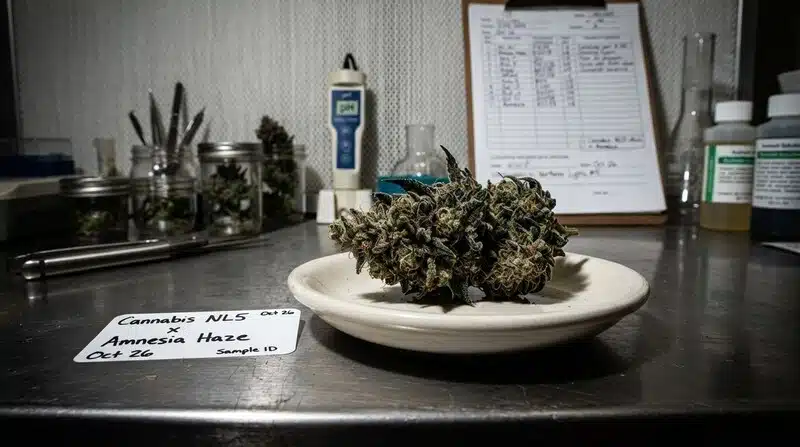 Cogollos de cannabis secos en mesa de análisis.