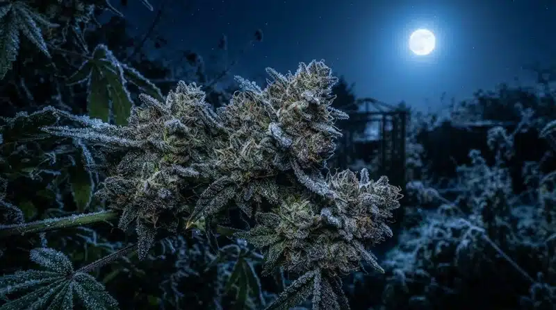 Cogollos de Glookies Weed Autoflower en floración bajo la luz de la luna.