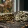 Hachís CBD y cogollos de cannabis sobre mesa de madera.