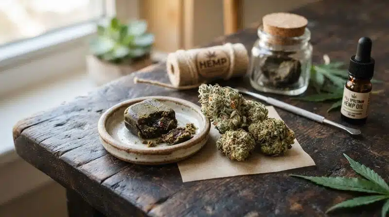 Pieza de hachís CBD colocada en un plato junto a cogollos de cannabis, un frasco de aceite de cáñamo y utensilios sobre una mesa.