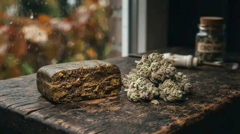 Hachís CBD y cogollos de cannabis sobre mesa de madera.