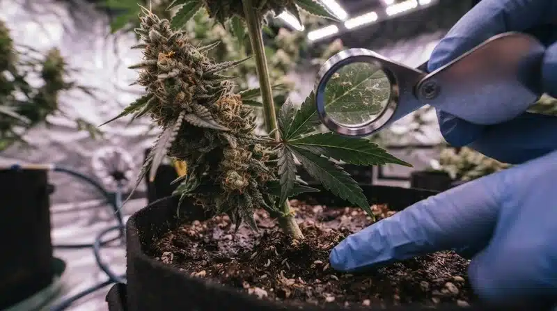Revisión visual de una planta Harlequin CBD (1:18) en floración mediante una lupa, observando de cerca la hoja y el cogollo en un entorno de cultivo interior para detectar posibles daños, plagas o alteraciones en el tejido vegetal.