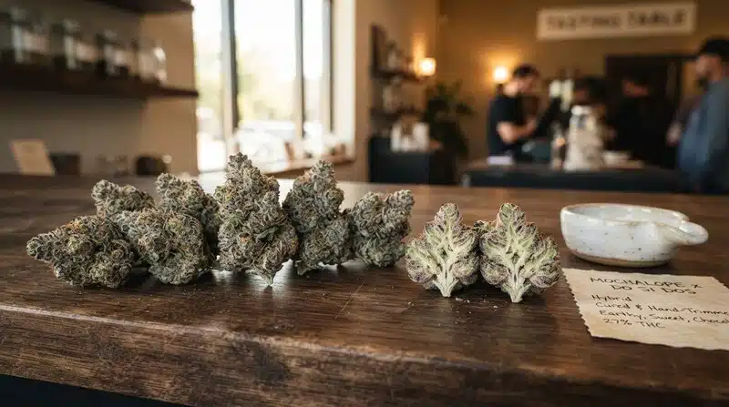 Varios cogollos de cannabis dispuestos sobre una mesa de madera junto a una flor cortada por la mitad, lo que permite apreciar su estructura interna y densidad.