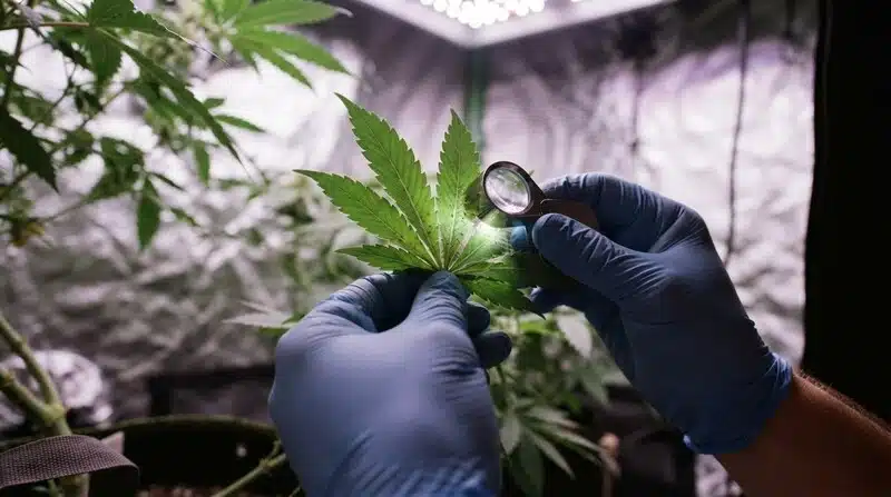 Inspección de hoja de cannabis Guanabana con lupa en cultivo de interior.