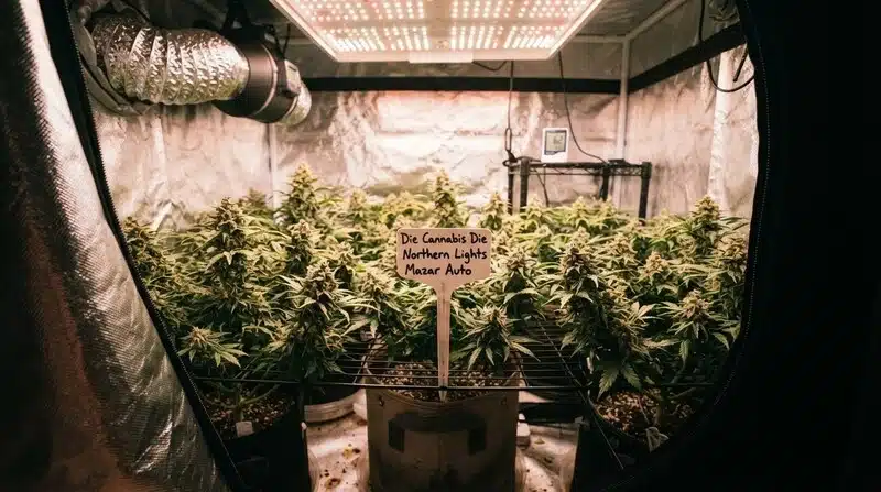 Planta de cannabis en maceta cultivada en invernadero.
