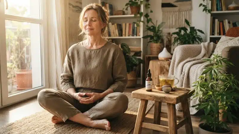 Mujer meditando en casa junto a un frasco de CBD, una infusión y una planta de cannabis.