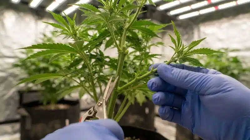 Poda de planta de cannabis Great White Shark Regular en cultivo interior.