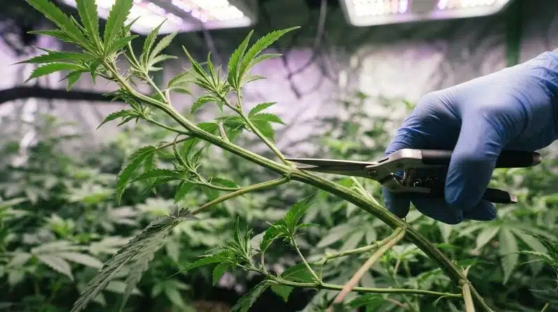 Poda de planta de cannabis Green Crack x Core en cultivo.
