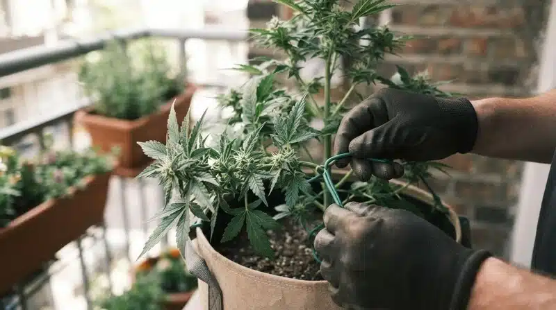 Planta Hawaii x Purple Skunk Regular con entrenamiento de ramas en maceta.