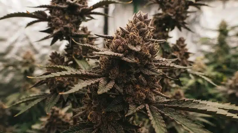 Planta de cannabis en fase avanzada de floración, con cogollos bien desarrollados y hojas con tonalidades oscuras, cultivada en interior.