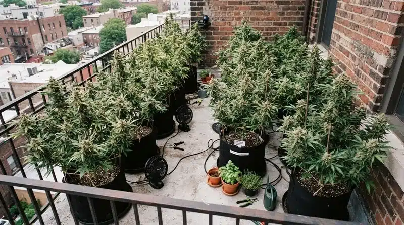 Cultivo de plantas de cannabis Guanabana en fase de floración sobre un balcón urbano, desarrolladas en macetas de tela y acompañadas de ventiladores para favorecer la circulación del aire alrededor de las plantas.