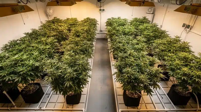 Silicio en cultivo de cannabis interior con plantas en fase de crecimiento.