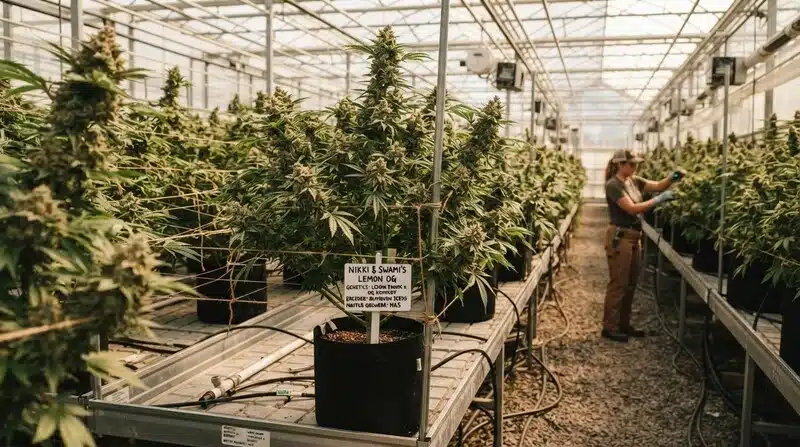 Plantas en floración cultivadas en invernadero.
