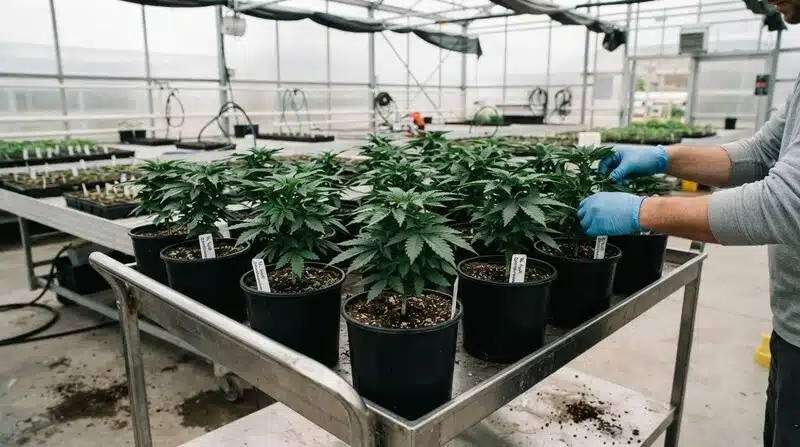 Plantas jóvenes de cannabis en macetas individuales dentro de un invernadero, durante una fase temprana de crecimiento vegetativo.