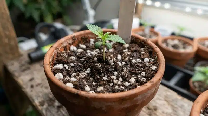 Plántula joven de Glookies Weed Autoflower creciendo en una maceta de terracota con sustrato aireado y perlita, durante las primeras fases de desarrollo tras la germinación.