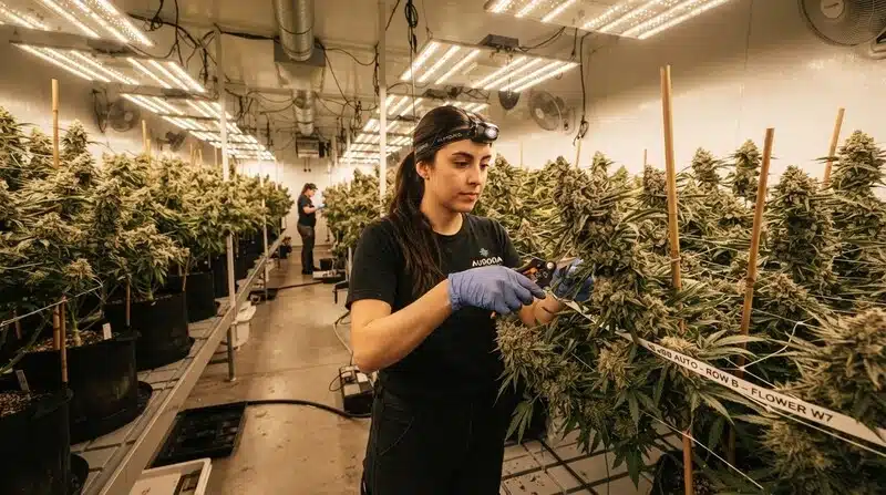 Planta de cannabis Green Crack x Somango en plena floración dentro de una instalación de cultivo interior, donde se realiza una poda manual de las flores y ramas bajo iluminación artificial.