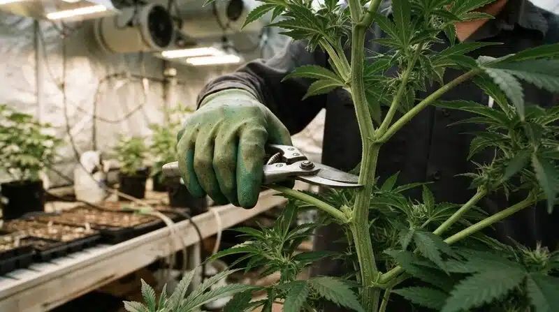 rabajo de poda sobre una planta Great White Shark Regular en un entorno de cultivo interir, eliminando crecimiento lateral con tijeras para mantener una estructura más ordenada y facilitar el manejo de la planta.