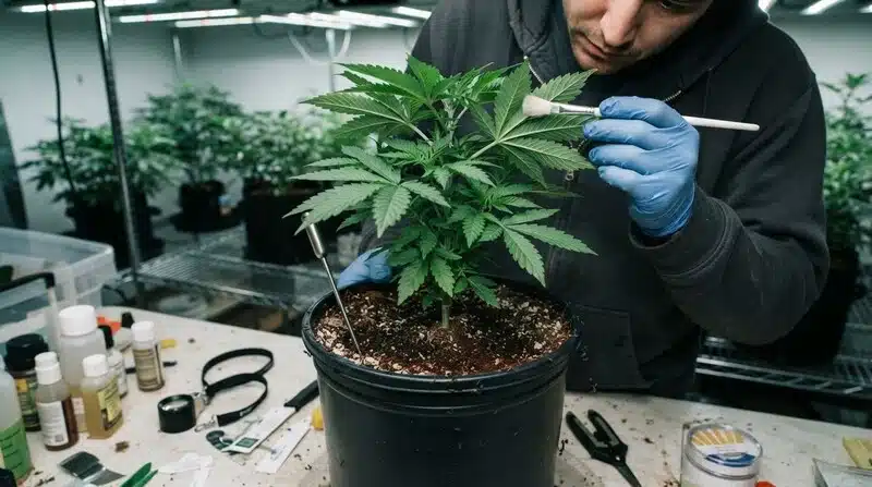 Inspección manual de una planta Green Crack x Do-Si-Dos cultivada en interior, revisando el estado de las hojas y el desarrollo vegetativo para detectar posibles anomalías y mantener un crecimiento saludable.