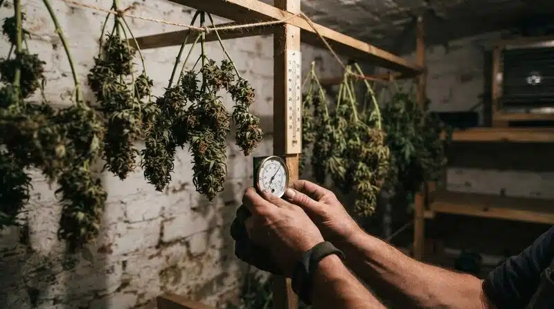 Flores de Green Crack x AK47 colgadas durante el proceso de secado en una sala acondicionada, mientras se controlan la humedad y la temperatura para mantener unas condiciones ambientales estables.