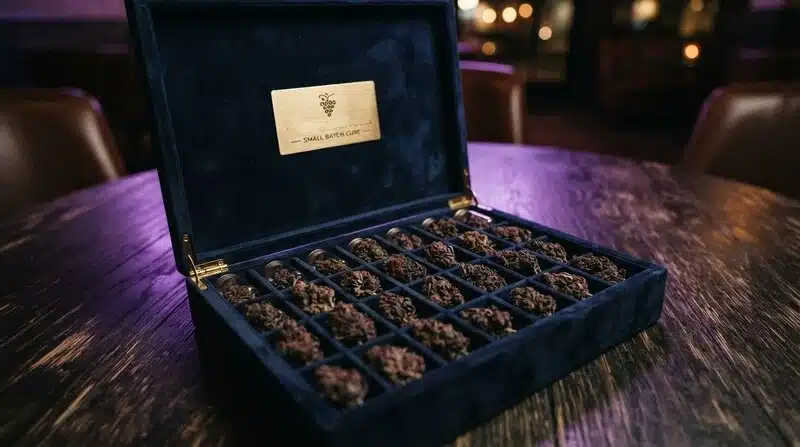 Caja de presentación con varios cogollos secos de cannabis organizados en compartimentos individuales.
