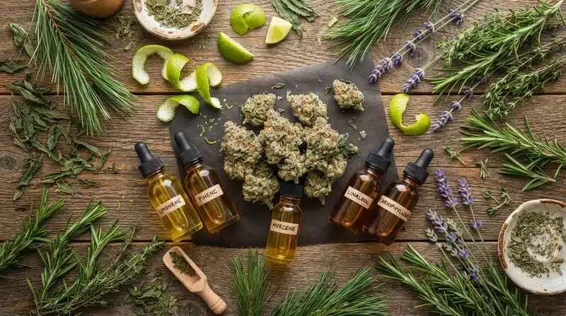 Cogollos de cannabis rodeados de frascos etiquetados con distintos terpenos del cannabis, junto a lavanda, cítricos y pino.