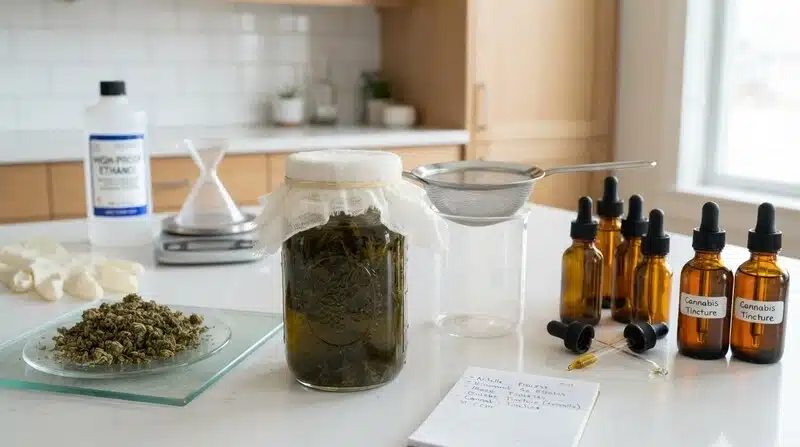 Proceso de elaboración de tinturas de cannabis con frascos, colador y goteros.