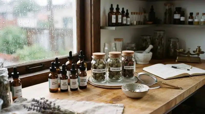 Frascos con gotero, flores de cannabis etiquetadas y utensilios de preparación sobre una mesa de trabajo.