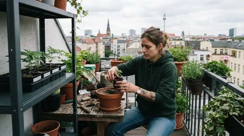 Trasplante de una planta joven de Harlequin x Bubba Kush Regular a una maceta de mayor tamaño en un balcón urbano, utilizando sustrato preparado para continuar su desarrollo en cultivo exterior.